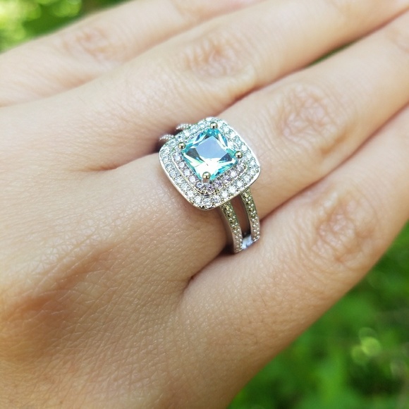 NEW Silver Blue Princess Cut Double Pink Halo Ring - Picture 4 of 5